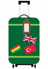 This is an image of a suit case with the Senegal, Turkesh and British flags